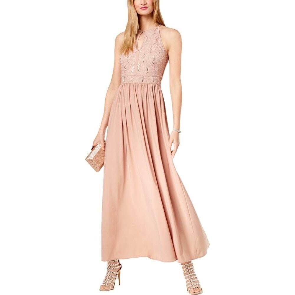 NWT Morgan & Co. Sequined Lace Halter Formal Gown Dress. Size 5/6 (Juniors).